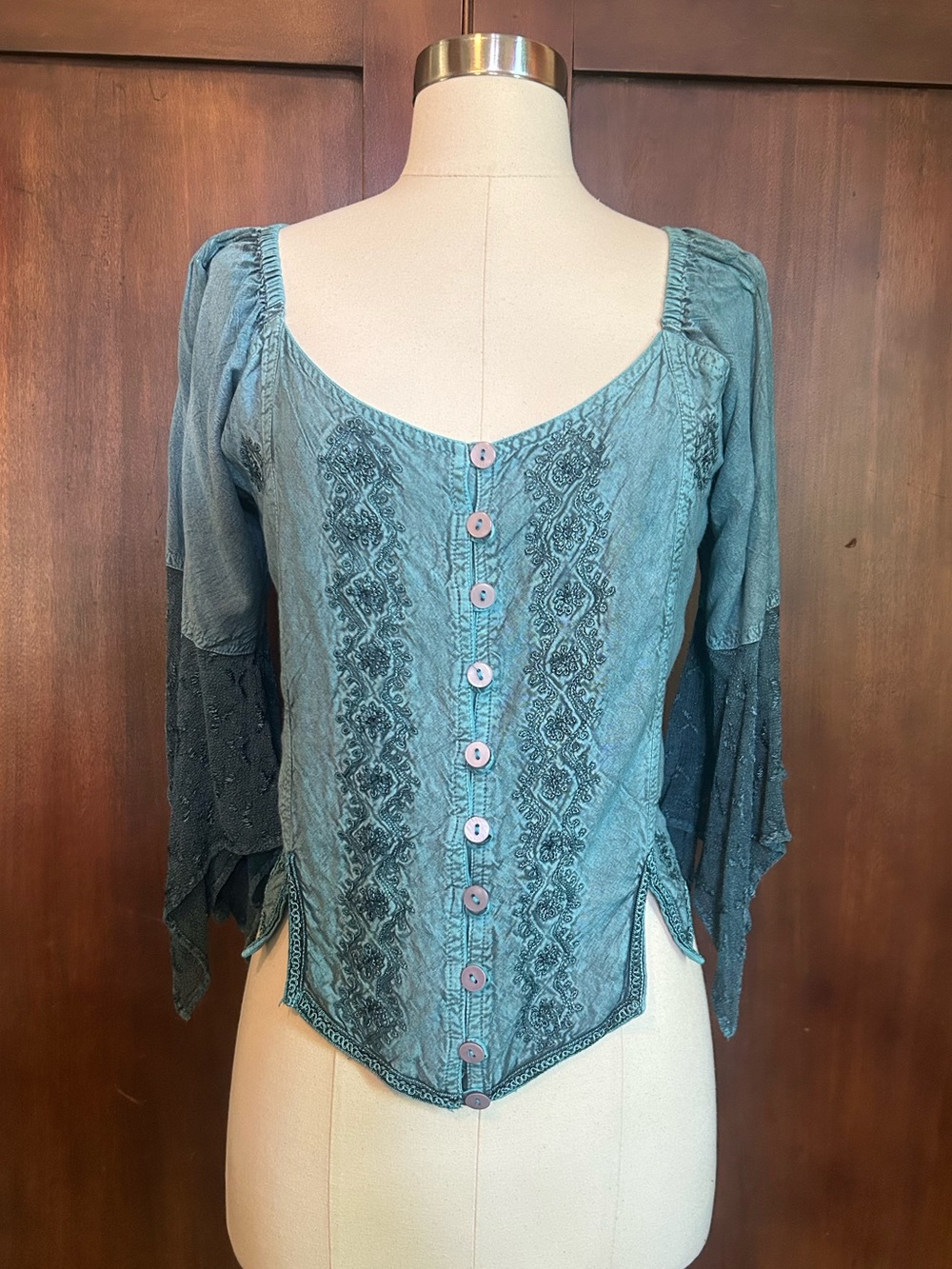 90s Y2K Restored Teal Embroidered Button-Front Corset-Back Top